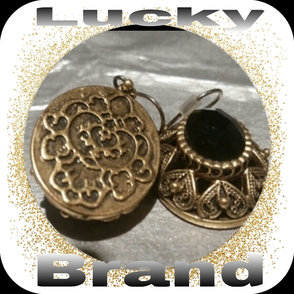 Lucky Brand Black Stone & Goldtone Earrings Fishhook Closure NEW - Picture 2 of 10